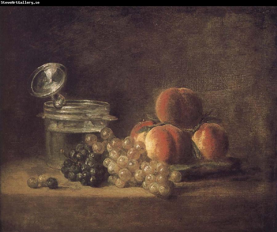Jean Baptiste Simeon Chardin Cold peach fruit baskets with wine grapes